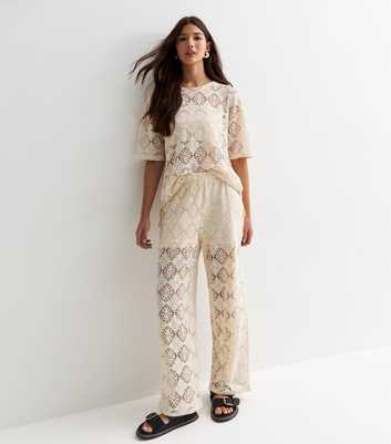 JDY Off White Crochet Wide-Leg Trousers 