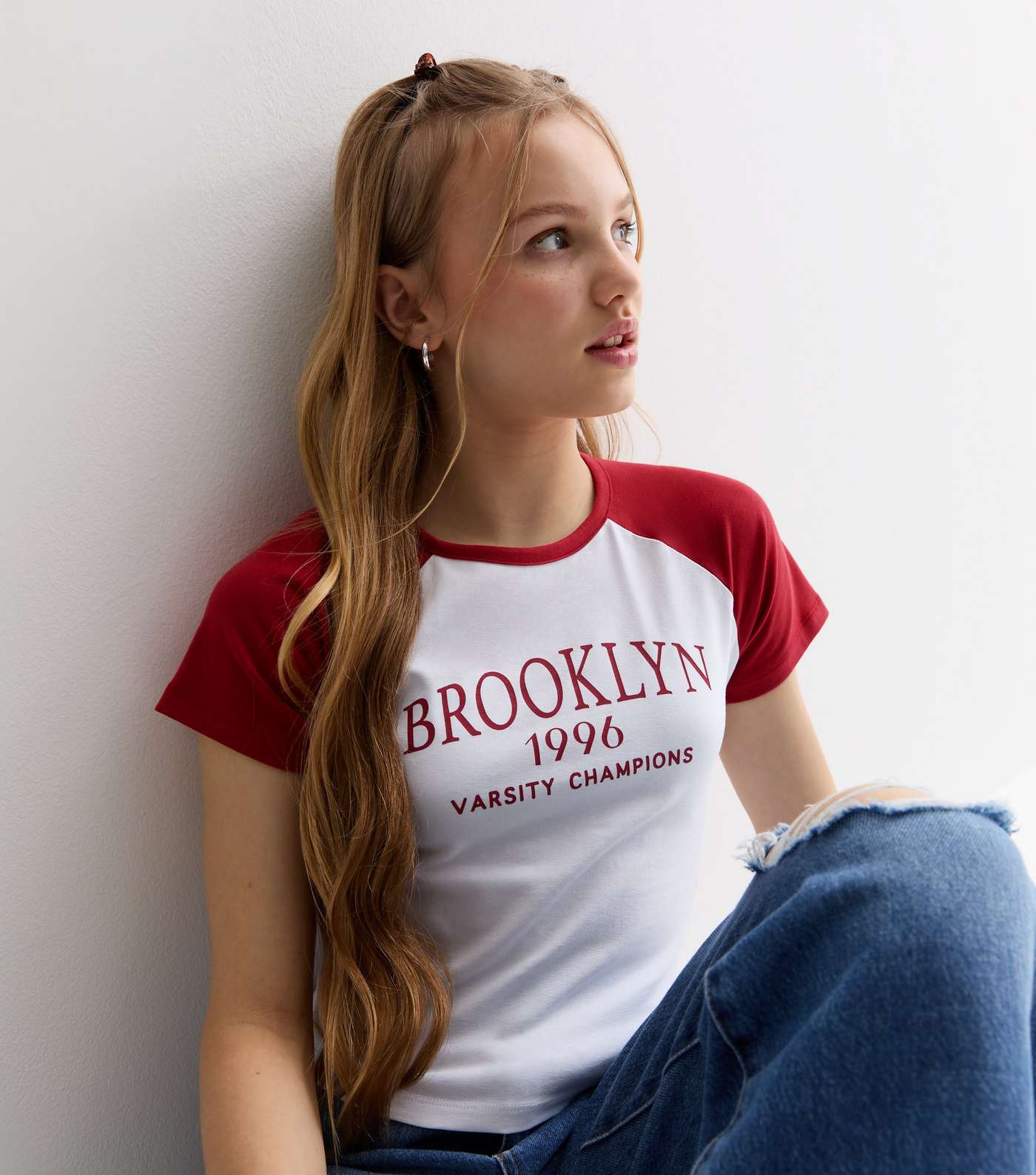 Girls Red Brooklyn Logo Raglan T-Shirt Image 2