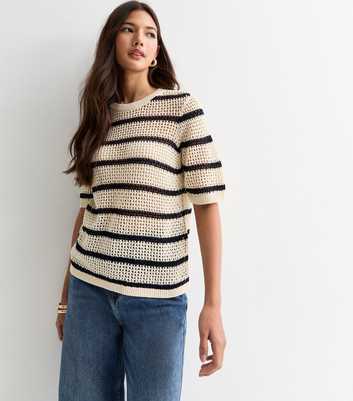 JDY Off White Striped Short-Sleeve Open-Knit Top 