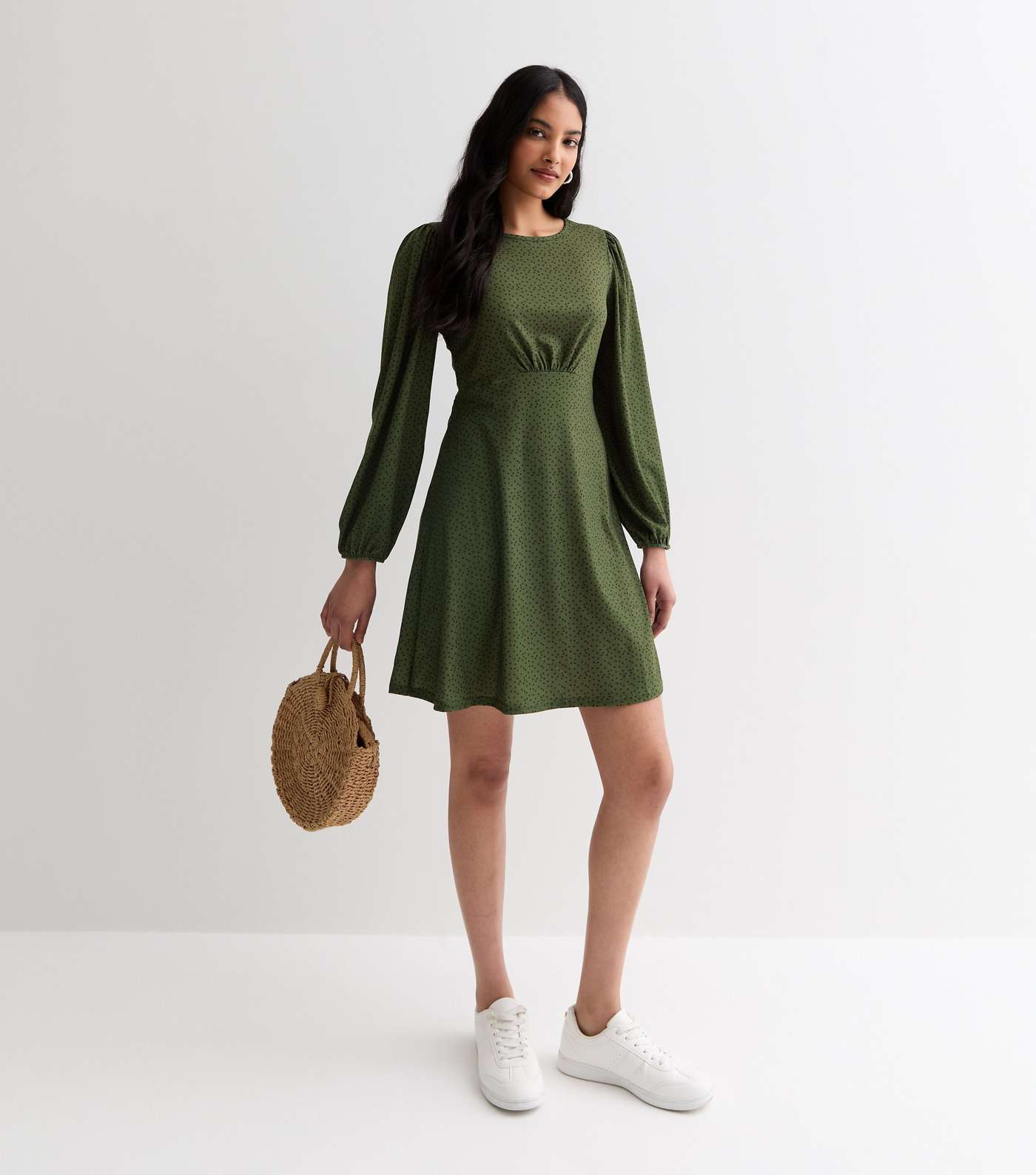 Green Polka Dot Puff Sleeve Mini Dress Image 3