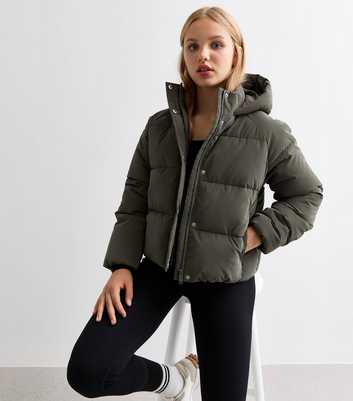 Girls Olive Hooded Coated Puffer Coat