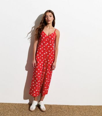 Red Floral Strappy Crop Jumpsuit New Look