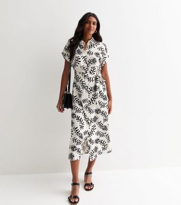 Off White Floral Print Collared Midi Dress New Look