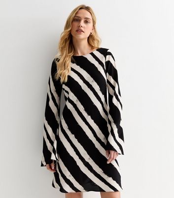 Black Diagonal Stripe Long Sleeve Mini Dress | New Look