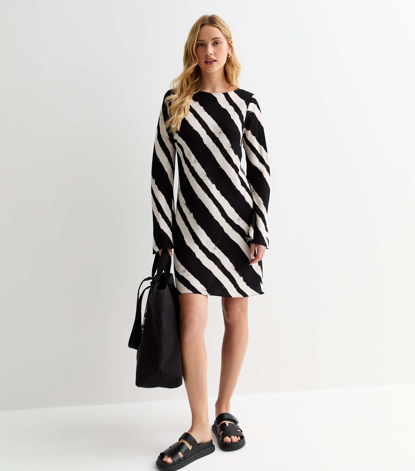 Black Diagonal Stripe Long Sleeve Mini Dress Image 3