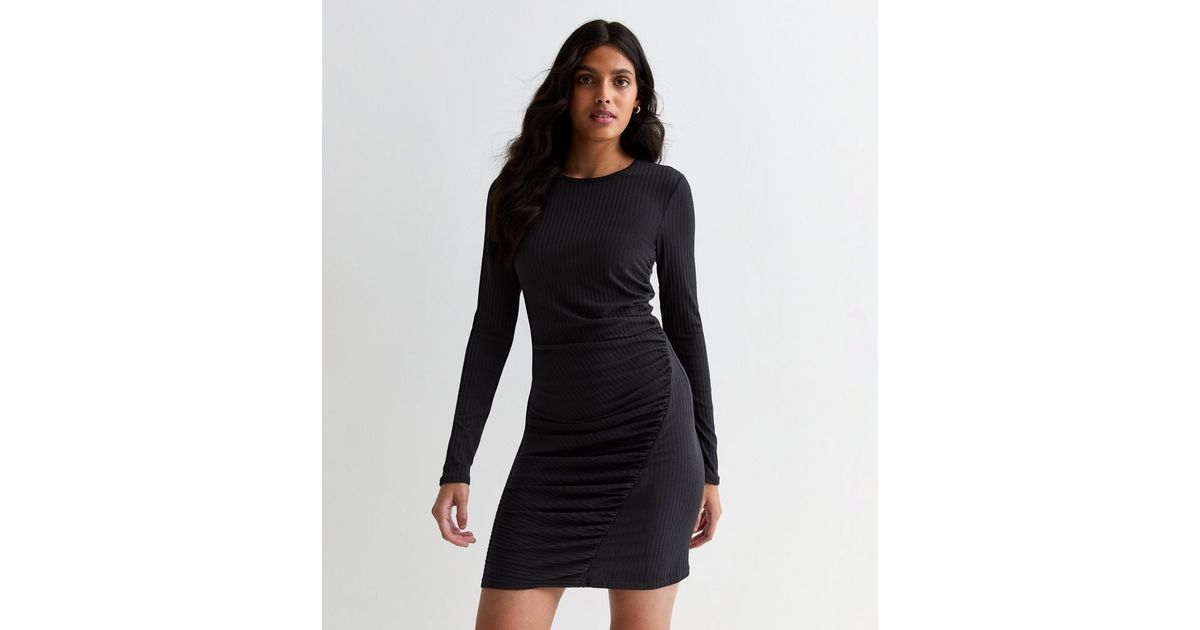 Black Ribbed Ruched Side Mini Dress | New Look