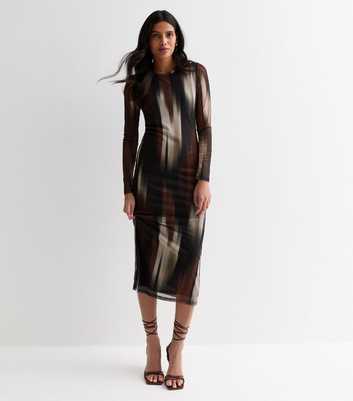 Brown Blur Print Mesh Bodycon Midi Dress