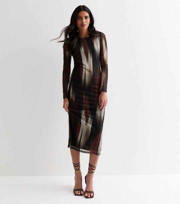 Brown Blur Print Mesh Bodycon Midi Dress | New Look
