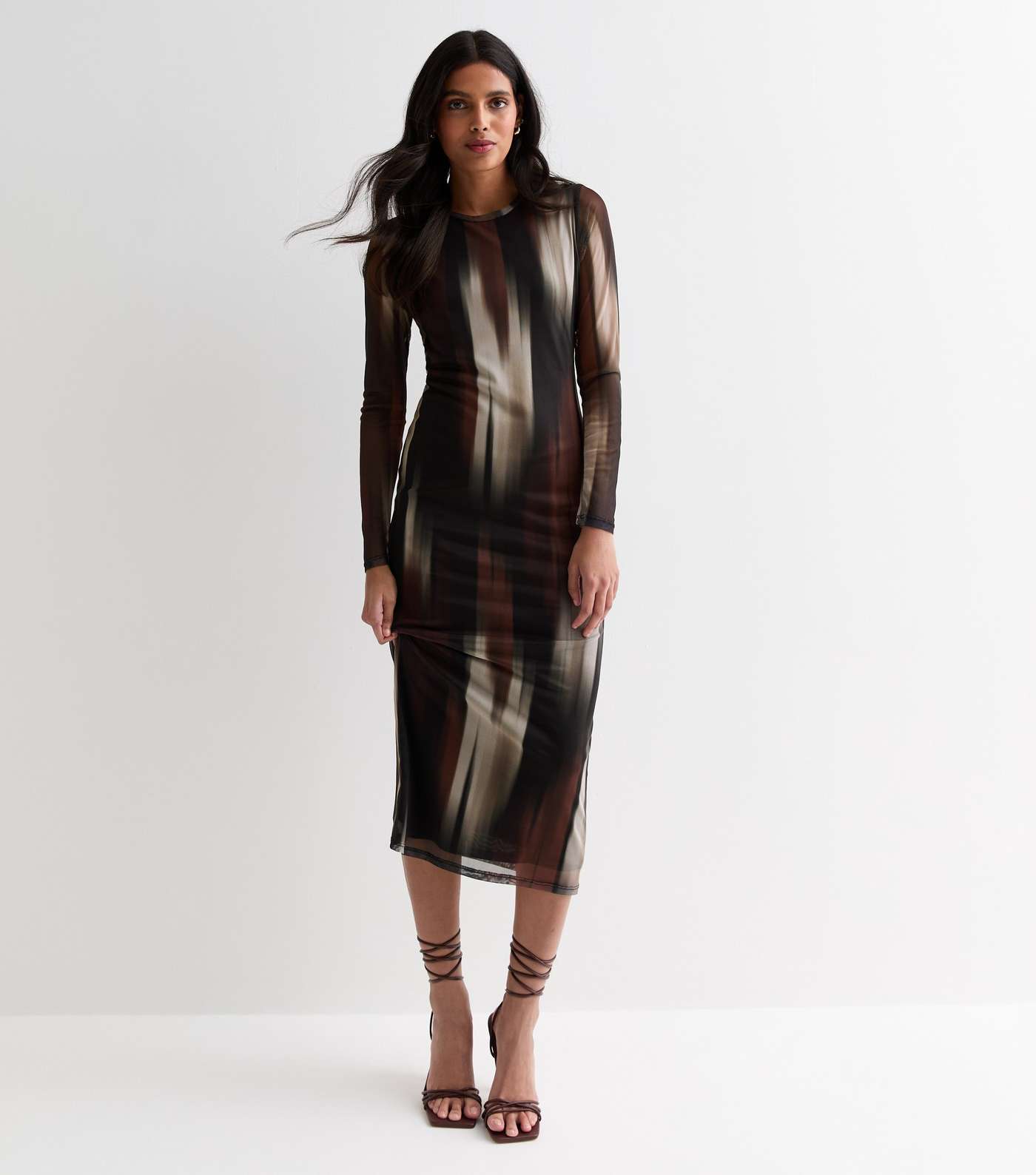 Brown Blur Print Mesh Bodycon Midi Dress