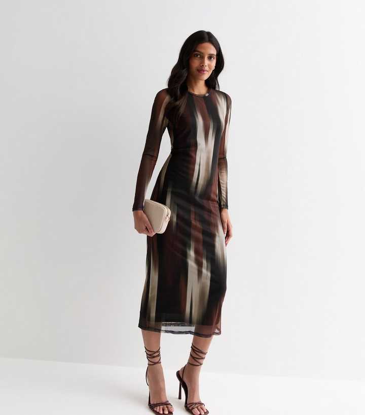 Brown Blur Print Mesh Bodycon Midi Dress | New Look