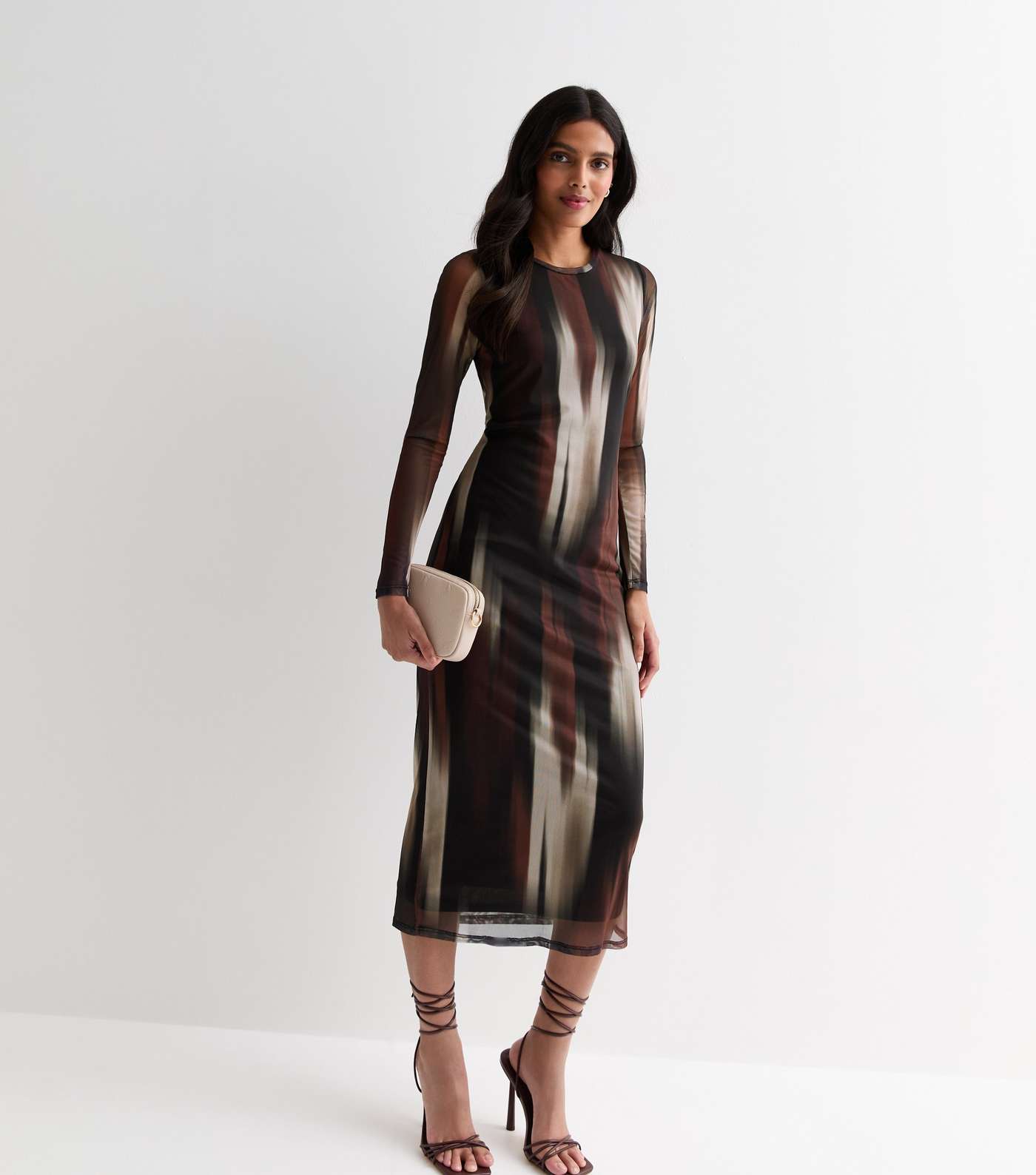 Brown Blur Print Mesh Bodycon Midi Dress Image 3