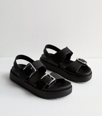 Black Leather-Look Slingback Buckle Chunky Sandals New Look