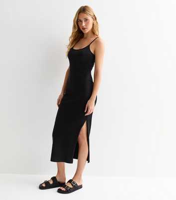 Black Cotton Strappy Split Hem Midi Dress