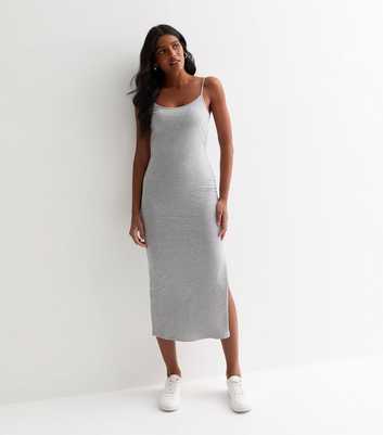 Grey Cotton Strappy Split Hem Midi Dress