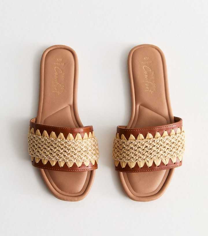 Wide Fit Tan Raffia Mule Sandals | New Look