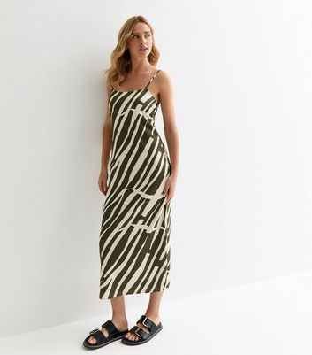 Green Zebra Print Crinkle Slip Midi Dress New Look