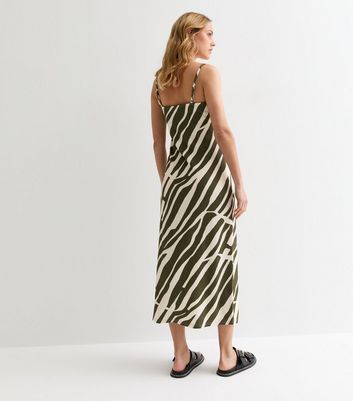 Green Zebra Print Crinkle Slip Midi Dress New Look