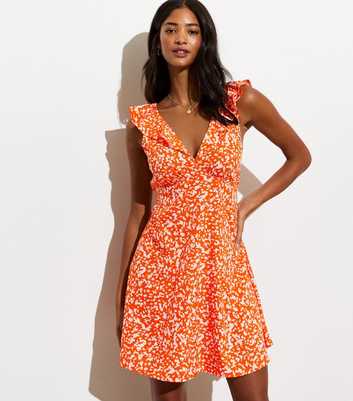 Orange Abstract-Print Frilled-Trim Mini Dress