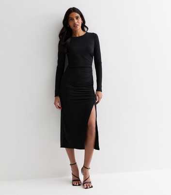 Black Ribbed Ruched Side Split Midi Dress