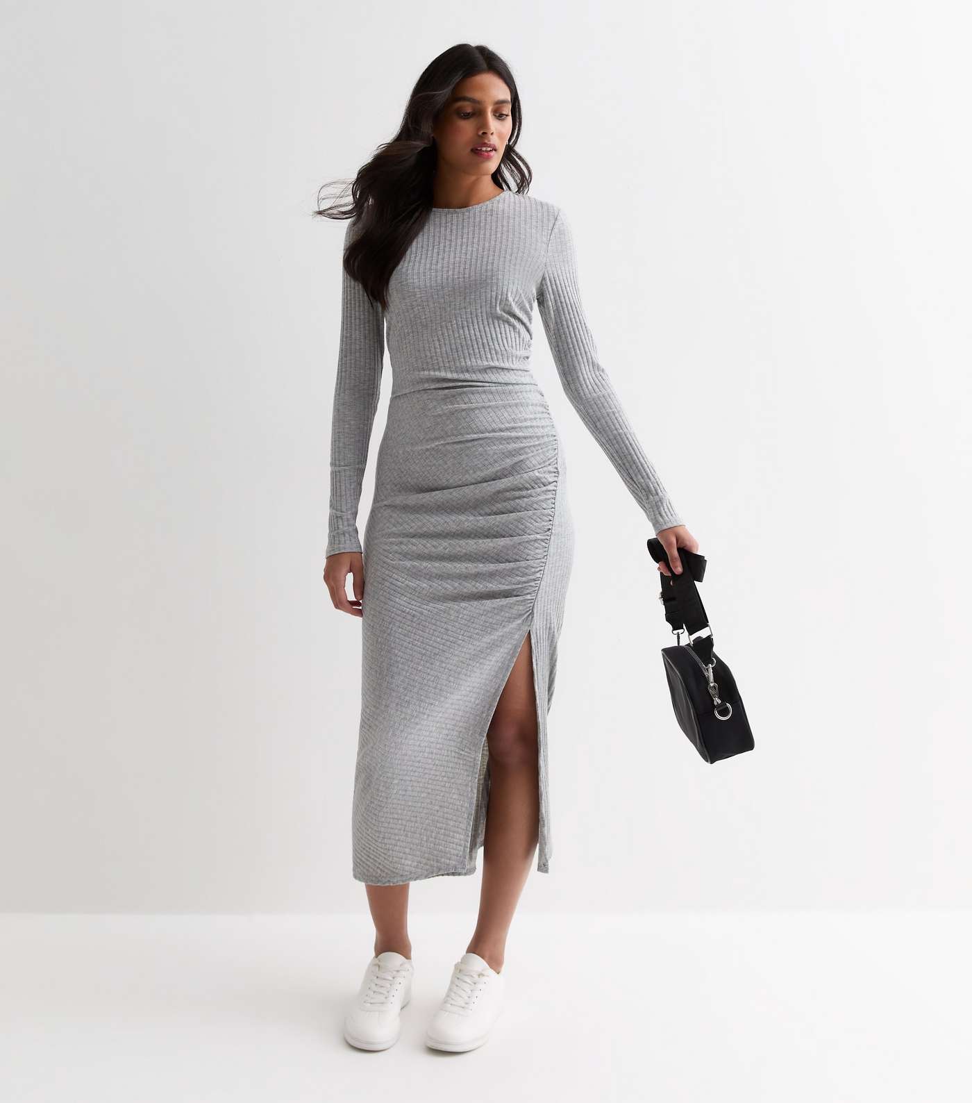 Grey Ribbed Ruched Side Split Midi Dress