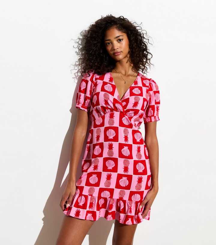 Pink Pineapple Print Puff Sleeve Mini Dress 