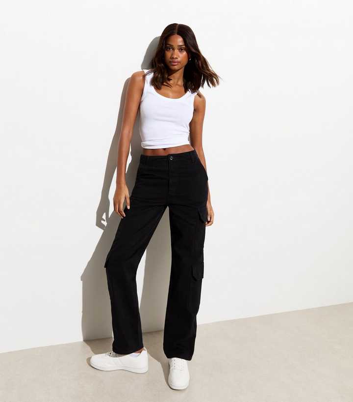 Black Denim Straight Leg Cargo Trousers