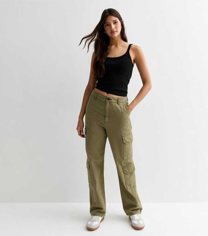 Khaki Denim Straight Leg Cargo Trousers