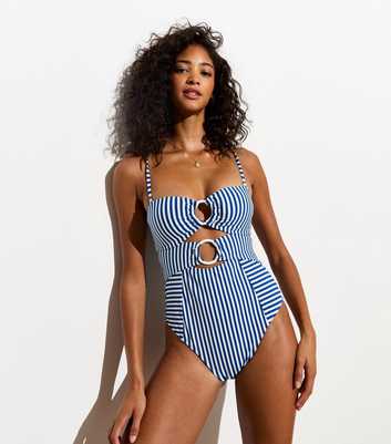 Blue Stripe Rib-Textured Cut Out Swimsuit 