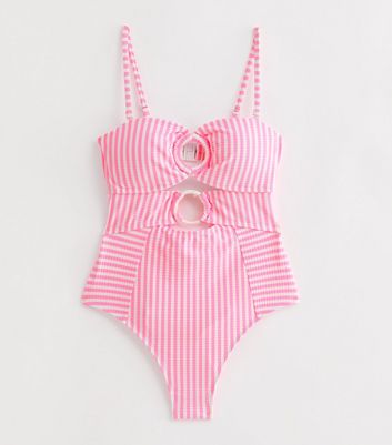 Pink Stripe Rib-Textured Cut Out Swimsuit New Look