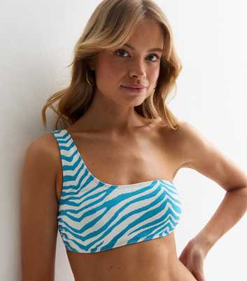 Blue Zebra Print Jacquard One Shoulder Bikini Top