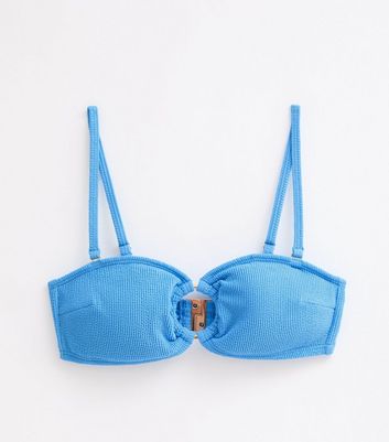 Blue Crinkle Textured Bandeau Bikini Top New Look