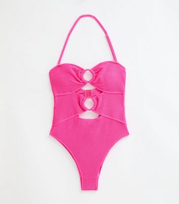 Pink Crinkle-Textured Cut Out Swimsuit New Look