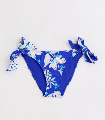 Blue Tropical-Print Tie Bikini Bottoms New Look