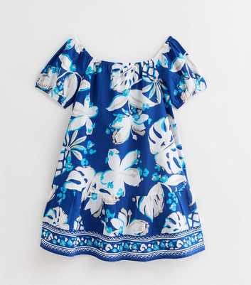 Blue Tropical-Print Bardot Mini Beach Dress