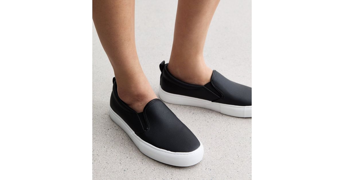Wide Fit Black Leather-Look Slip On Plimsole Trainers New Look