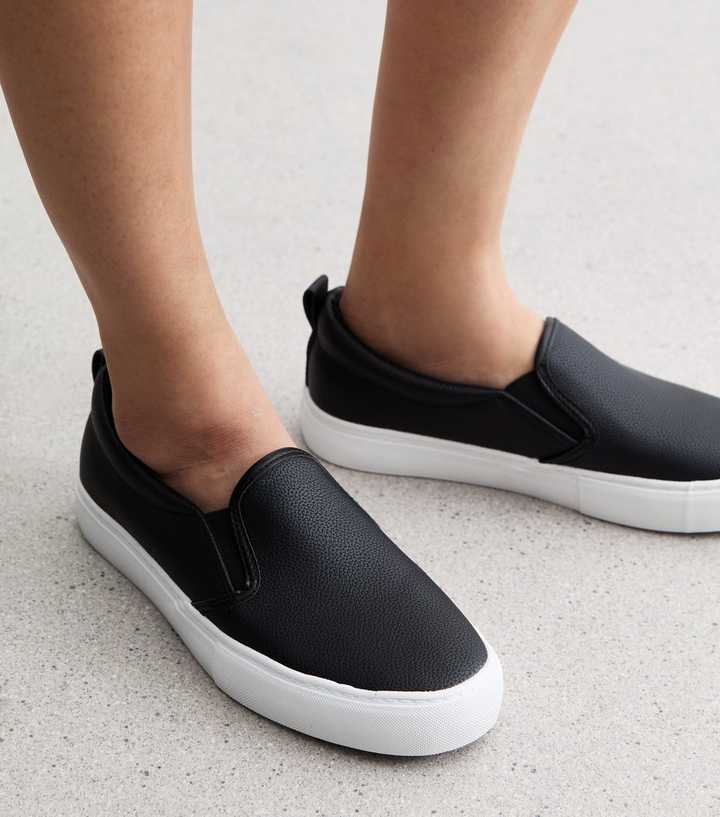 Wide Fit Black Leather-Look Slip On Plimsole Trainers