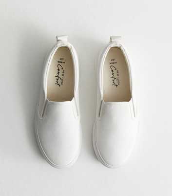 Wide Fit White Leather-Look Slip On Plimsole Trainers
