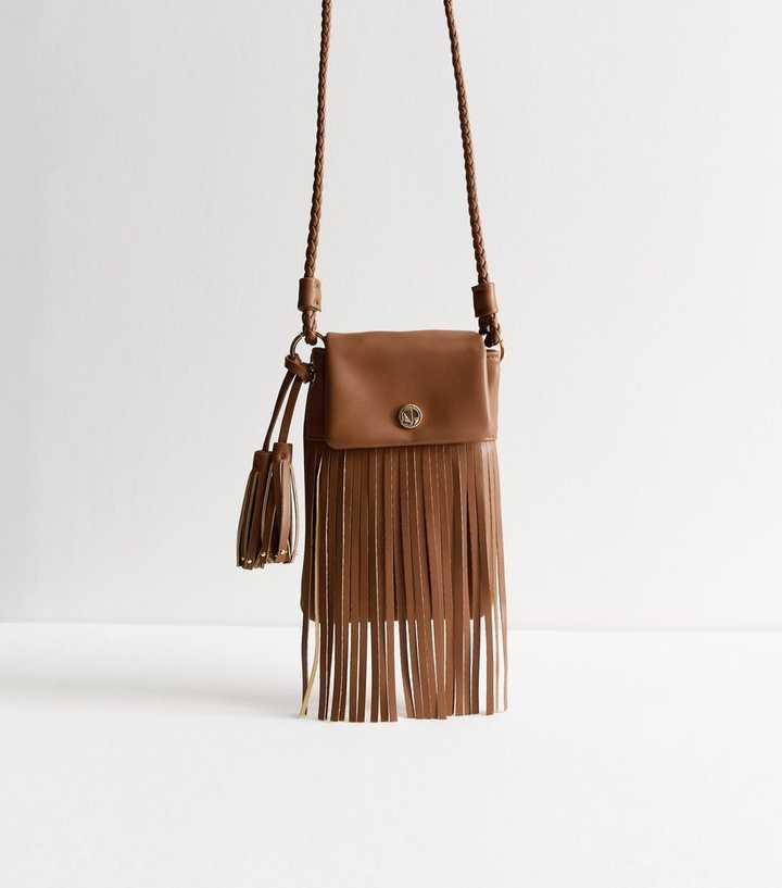 Tan Brown Leather-Look Tassel Phone Bag 