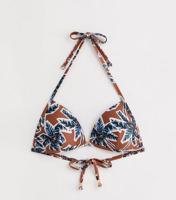 Brown Palm Tree-Print Triangle Bikini Top New Look