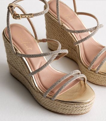 Gold Diamante Espadrille Wedge Heel Sandals New Look
