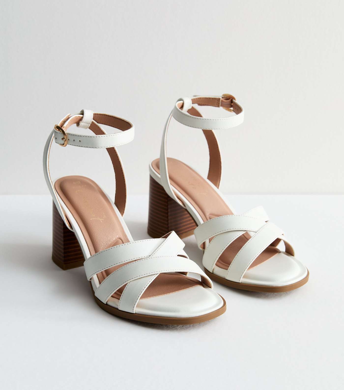 Wide Fit White Leather-Look Block Heel Sandals Image 3