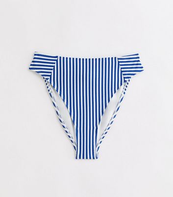 Blue Textured Stripe High-Waist Bikini Bottoms New Look