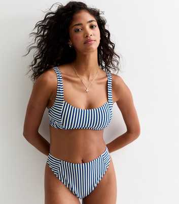 Blue Textured Stripe Print Bikini Crop Top 