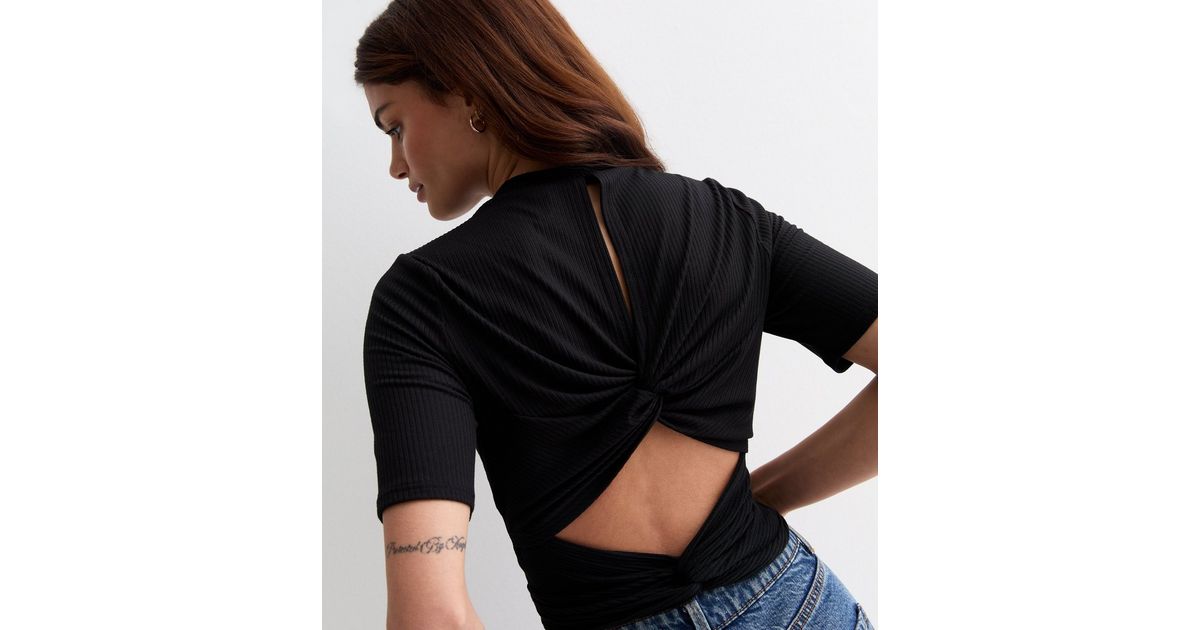 Black Ribbed Jersey Twist Back Top | New Look
