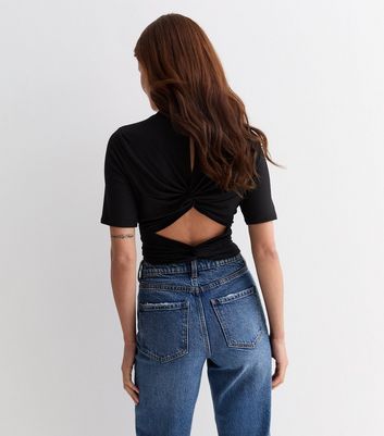 Black Ribbed Jersey Twist Back Top New Look