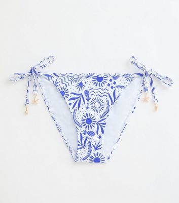 Blue Sun-Print Side-Tie Bikini Bottoms New Look