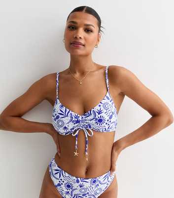 Blue Sun Print Padded Ruched Front Cropped Bikini Top 