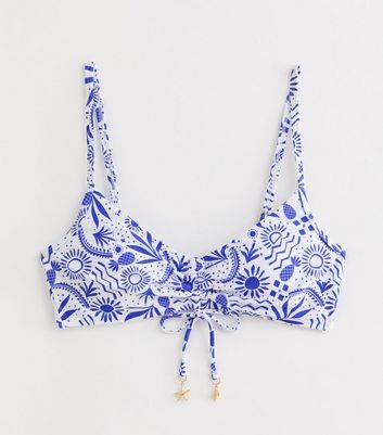 Blue Sun Print Padded Ruched Front Cropped Bikini Top New Look