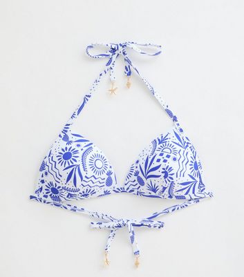 Blue Sun-Print Moulded Halter-Neck Bikini Top New Look