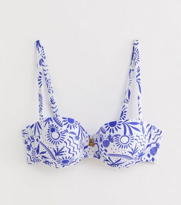 Blue Underwired Sun Print Balconette Bikini Top New Look